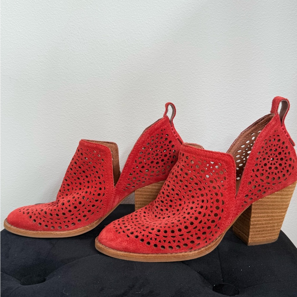 Jeffrey Campbell Red Suede Block Heel Cut-Out Ankle Boots